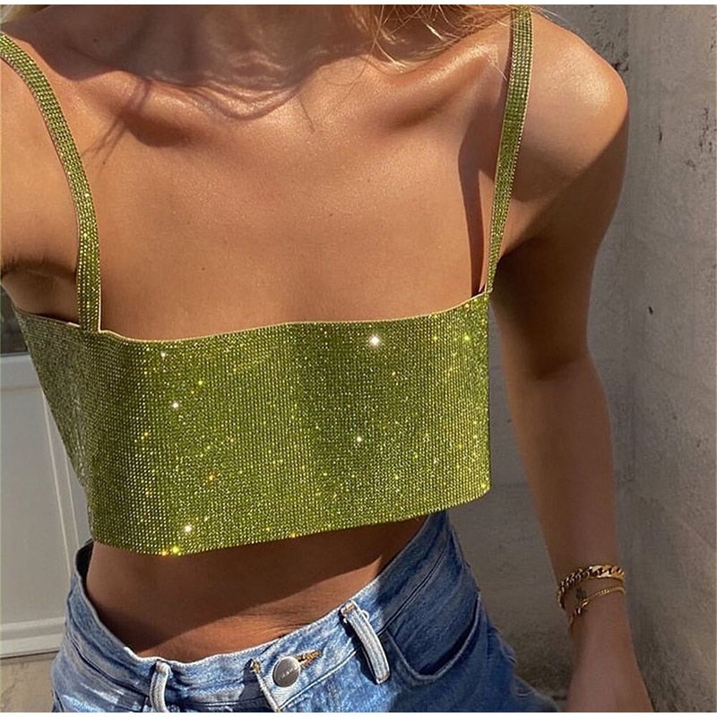 Glitter Club Crop Top Women Off Shoulder Tank Cami Clothing Super Short Party Night Shiny Bling Sexy Sleeveless Tube Tops Y2K voguable