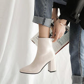 White Shoes Women's Boots Autumn Boots-Women Round Toe Ladies Large Size Low Ankle High Heel Slip-On Microfiber Lace-Up So voguable