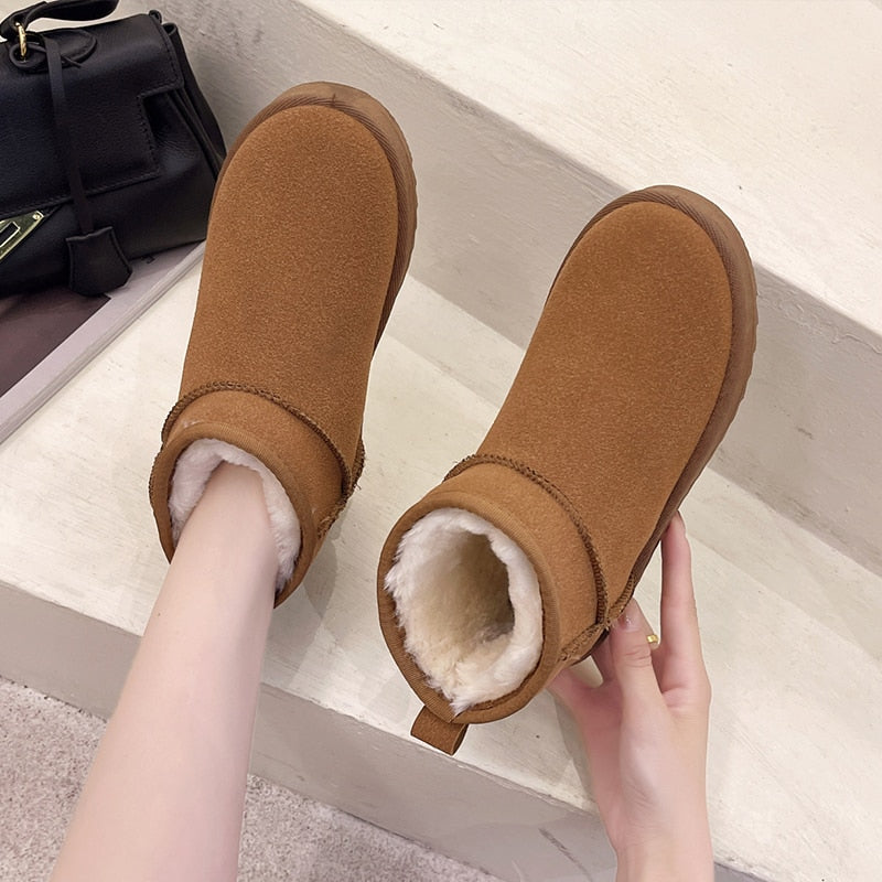 Brand Women's Shoes Australian Boots Flat Heel Round Toe Plush Winter Footwear Fashion Snow Ladies Fur Leather Ankle Low voguable