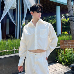 Male Stylish Burrs Shirt Niche Design Casual Long Sleeve Short Top Men's Solid Color Turn-down Collar Clothing voguable