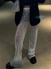 High Waist White Rhinestones Shining Long Wide Leg Pants New Loose Fit Trousers Women Fashion Spring Autumn voguable