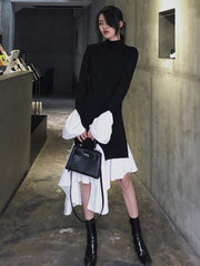 Korean Fashion Women Patchwork Knitted Sweater Dress Autumn New Solid Casual Vintage Ribbed Evening Vestidos Female Clothings voguable