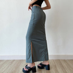 Casual Pocket Cargo Pencil Skirt Women Vintage Y2K All-match Solid Chic Side Slit Wrap Hip Summer Long Skirt Streetwear voguable