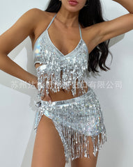Women 3 Piece Sets Club Night Party Sexy Backless Crop Tops Bodycon Mini Skirt Holographic Sequins Tassel Festival Rave Outfits voguable