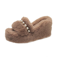String Bead On A Wedge Shoes Woman's Slippers Luxury Slides Flock Platform Fur Flip Flops Heeled Mules Designer Plush High voguable