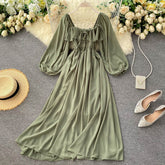 Voguable Chic Elegant Square Collar Maxi Dress Women Solid Chiffon Puff Sleeve Dresses Korean Fashion Vintage Ruffle Vestidos voguable