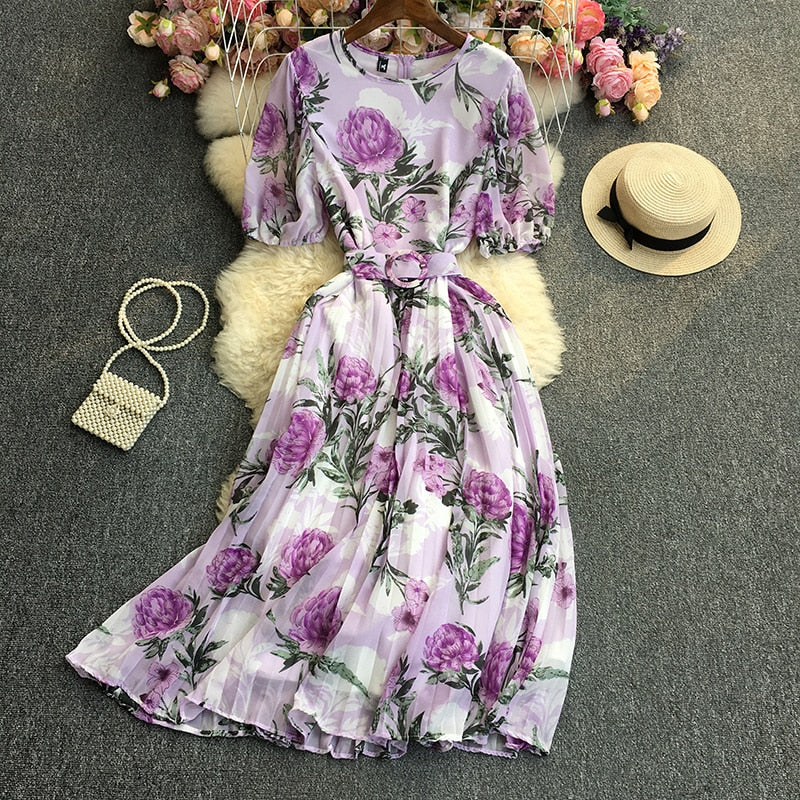 Summer Pleated Dress for Women Printed Puff Sleeve Round Neck Thin Chiffon Female Vestidos Chic and Elegant Belt Tarf New voguable