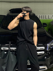 Pleated Sleeveless Vest Men's Summer Korean Tide Sports Leisure Wrinkled Autumn Summer Round Neck Solid Color 9A2393 voguable