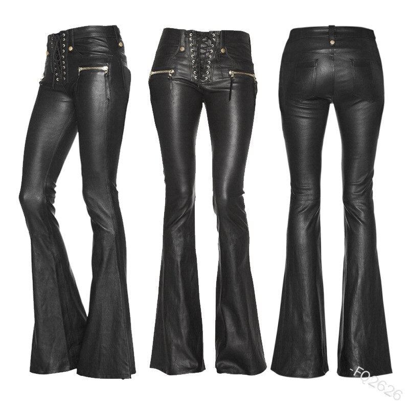Women Punk Pants Vintage 70's Disco Hip Hop Zipper Streetwear Bandage Ruched Skinny Slim Fit Flared Trouser Halloween Costume voguable