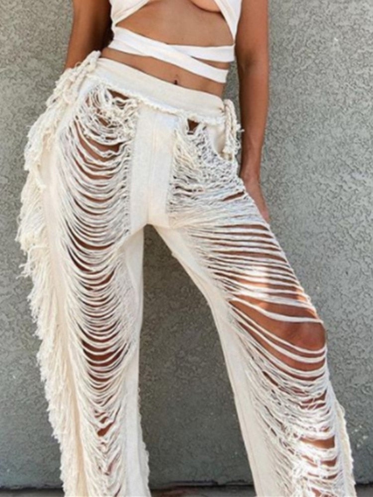 Women Fashion Y2K Solid Knitted Straight Pants Hipster Tassel Hollow Out High-Waist Bottoms Streetwear Christmas Trousers New voguable