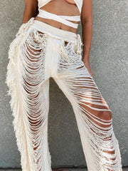 Women Fashion Y2K Solid Knitted Straight Pants Hipster Tassel Hollow Out High-Waist Bottoms Streetwear Christmas Trousers New voguable