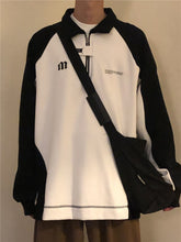 Autumn Lapel Long-sleeved Sweatshirt Men Loose American Retro Preppy Half Zip Top Goth Letter Black White Contrast Top voguable