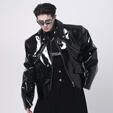 Personality Zipper Decoration High Street PU Bright Leather Short High Short Jacket Men Solid Color Darkwear 9A5826 voguable
