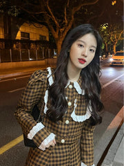 Spring Autumn Lace Plaid Suit New Elegant Short Plaid Coat Top + High Waist Skirt Long Skirt 2 Pcs voguable