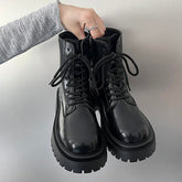 Boots Women New Flat Heel Shoes Round Toe Lace Up Lolita Ankle Med Ladies Autumn Rock Basic PVC Solid Short Plush Fabric La voguable