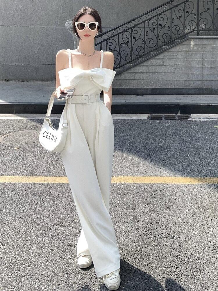 Summer Strap Jumpsuit Women  Korean Fashion Wide-Leg Pants Rompers Sleeveless Big Bow Overalls Combinaison Femme Elegante voguable