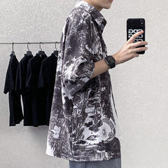 Summer Short Sleeve Shirts Men Fashion Printed Casual Shirts Men Korean Loose Ice Silk Shirts Mens Hawaiian Shirts Large Size voguable