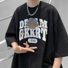 Korean Style Retro Washed Batik T Shirts Unisex Baggy Short Sleeved Harajuku Solid Cotton Breathability Printing Tees Casual Top voguable