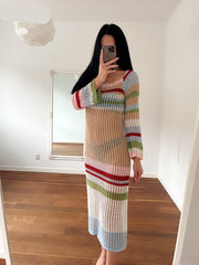 Voguable Multi Striped Crochet Midi Dresses Women Summer 2022 Scoop Neck Hollow Out Bodycon Dress Lady Holiday Festival Long Dress voguable
