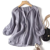 Elegant Casual Loose Cotton Women Blouse Fashion O Neck Vintage Puff Sleeve Buttons Shirts Women Summer Office Ladies Tops voguable