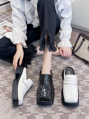 Mules For Women Shoes Female Slippers Platform Cover Toe Square heel Loafers Low Slides New Block Flat Hoof Heels Retro PU voguable