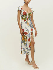 Women Clothing Short Sleeve Summer Midi Dress With Slit Vintage Floral Print Dress Sweetheart Neck Elegant Party Dresses voguable