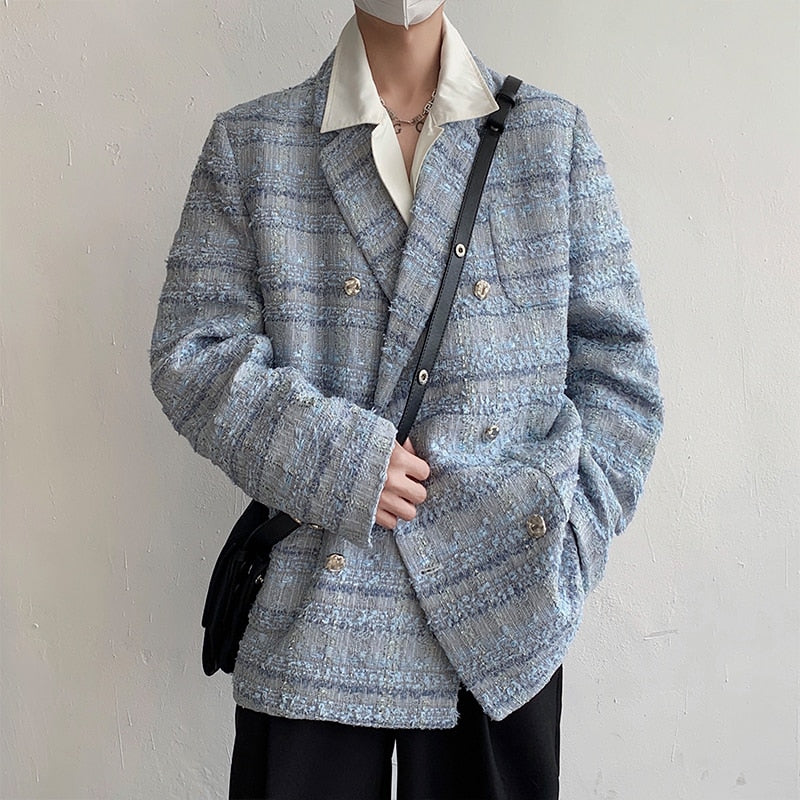 Double Breasted Men's Coat Loose Thickened Tweed Suit 2023 Spring Autumn Casual Korean Fashion Male Blazer voguable