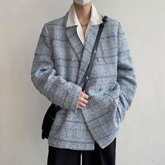 Double Breasted Men's Coat Loose Thickened Tweed Suit 2023 Spring Autumn Casual Korean Fashion Male Blazer voguable
