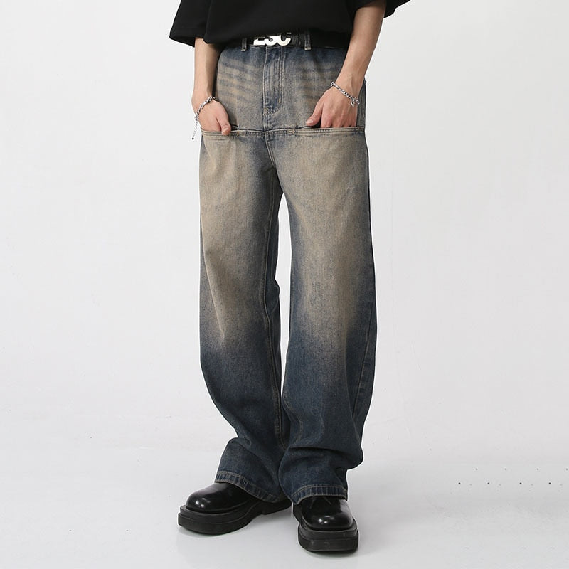 Men's Wear New Spring Vintage Male Washed Jeans High Waist Front Pocket Loose Straight Wide Leg Pants Fashion 9A7457 voguable
