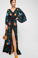 Floral bireds embroidered maxi dress V-neck batwing sleeve tunic summer beach dress for women tassle tied buttos voguable