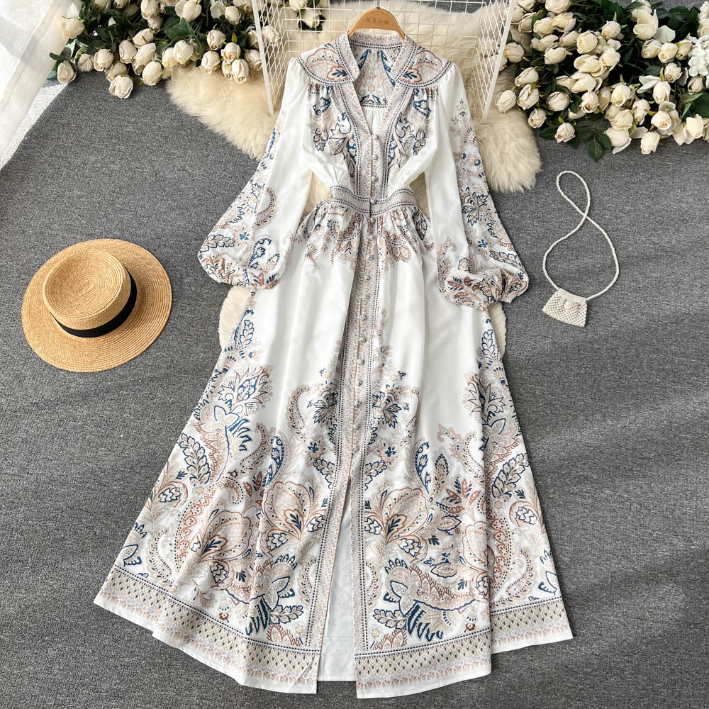 Summer Long Dress for Women Boho Long Sleeve Printed Indie Folk Half Open Collar Female Tarf Party Evening Luxury Vestidos New voguable