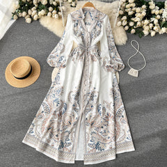Summer Long Dress for Women Boho Long Sleeve Printed Indie Folk Half Open Collar Female Tarf Party Evening Luxury Vestidos New voguable