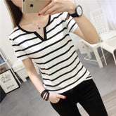 Stripes Womens T-Shirt V Collar T Shirts Skinny Half Sleeve Clothes Women Slim Under Wear Tshirt Casual Top Tees For Female voguable