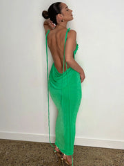 Cryptographic Elegant Fashion Halter Sexy Backless Draped Maxi Dress Women Summer Club Party Long Straps Shift Dresses Clothes voguable