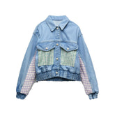 Voguable 2022 spring new women's clothing European and American style faux pearl button stitching denim jacket high waist jeans voguable