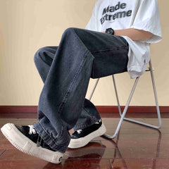 Japanese Style Trend Y2k Baggy Straight Jeans Men's Summer New Wide Leg Solid Color Casual Denim Pants Male High Street Trousers voguable