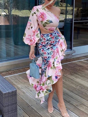 Voguable 2022 Summer New Ladies Fashion Tube Top Single Sleeve + Waist Splicing Skirt Sexy Elegant Ladies Asymmetric Skirt Suit voguable