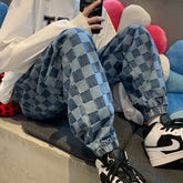 Autumn and Winter Checkerboard Jeans Men's Casual Loose Sports Leggings Hong Kong Style American Hip-hop Retro Trousers voguable