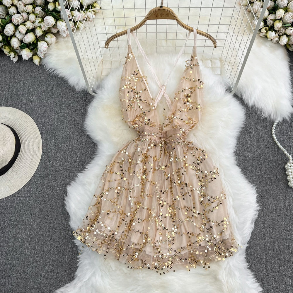 Summer Mini Sequins Dress for Women Tulle Criss Cross Backless Sexy Party Evening Dresses Waist Short Prom Vestidos New In voguable