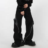 Niche PU Leather Design Zipper Men Pants Vertical Straight Trousers Contrast Color Winter High Street Male Darkwear voguable