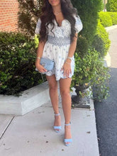 Eyelet embroidery dress women puffed sleeves scallop-edged hem mini summer dress V-neck sweet party dress ladies voguable