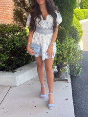 Eyelet embroidery dress women puffed sleeves scallop-edged hem mini summer dress V-neck sweet party dress ladies voguable