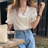 White Cotton V-neck Hollow Embroidery Lace Shirt Women Korean Summer Puff Short Sleeve Blouses Women Casual Fashion Tops voguable