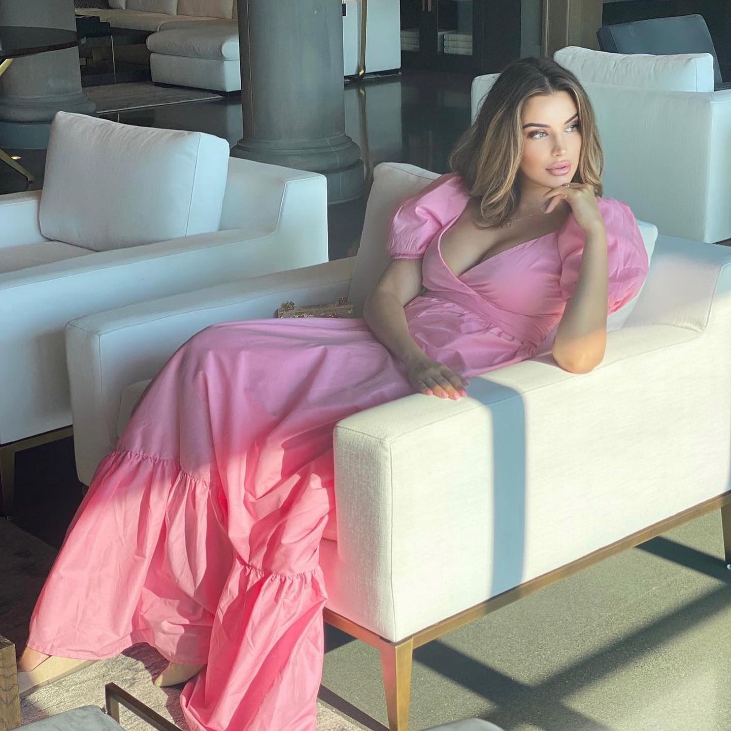 New Summer Women'S Dresses One Word Neck Bubble Short Sleeve Sexy Open Back Solid Color Dress Simple Pastoral Pink Tight Dress voguable