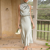 Elegant Sexy Club Summer Dress Women Sleeveless Halter Evening Solid Satin Dress Party Formal Occasion Dresses Vestido New voguable