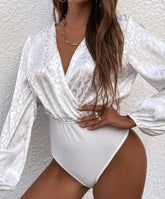 Puff Sleeve Bodysuits Women Leopard Print Long Sleeve V Neck Tops Blouses Autumn Sexy Elegant Bodysuit Top Female New voguable