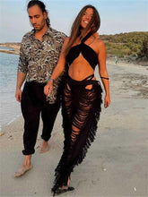 Women Fashion Y2K Solid Knitted Straight Pants Hipster Tassel Hollow Out High-Waist Bottoms Streetwear Christmas Trousers New voguable