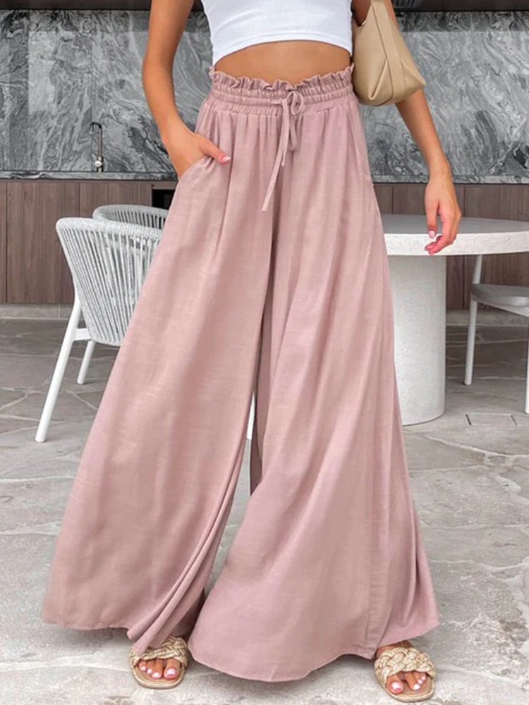 Summer Wide Leg Elastic Waist Long Pants Trouser Pockets Fashion Casual Women Pantalones Spring New Pants voguable