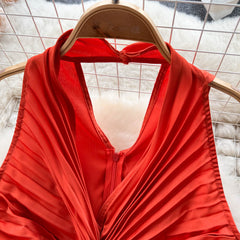 Youe Summer Formal Dress Women Pleated Folds Tank Sleeveless Slim Midi Dresses Party Evening Shirring Elegant Vestidos New In voguable