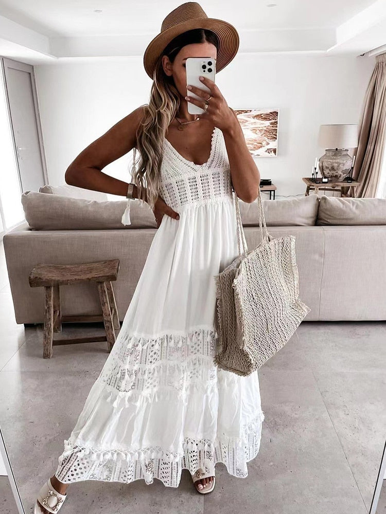 Crochet Lace White Summer Dress for Women Tassel Hollow Out Maxi Long Beach Casual Sundress Boho Smocking Vestidos voguable